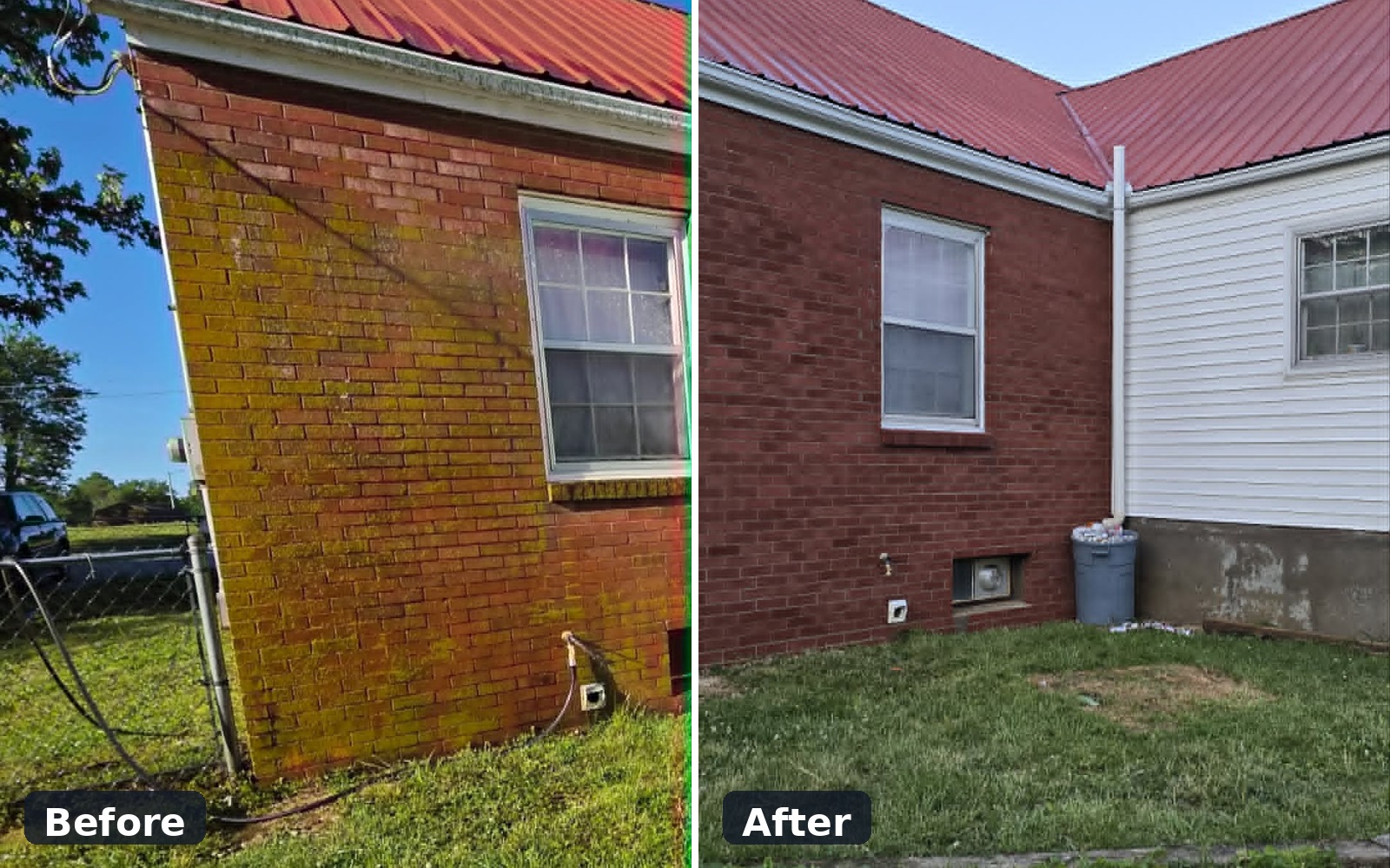 Before and after photo with algae and dirt on the exterior of a brick home in the before photo and that gross stuff removed in the second photo.